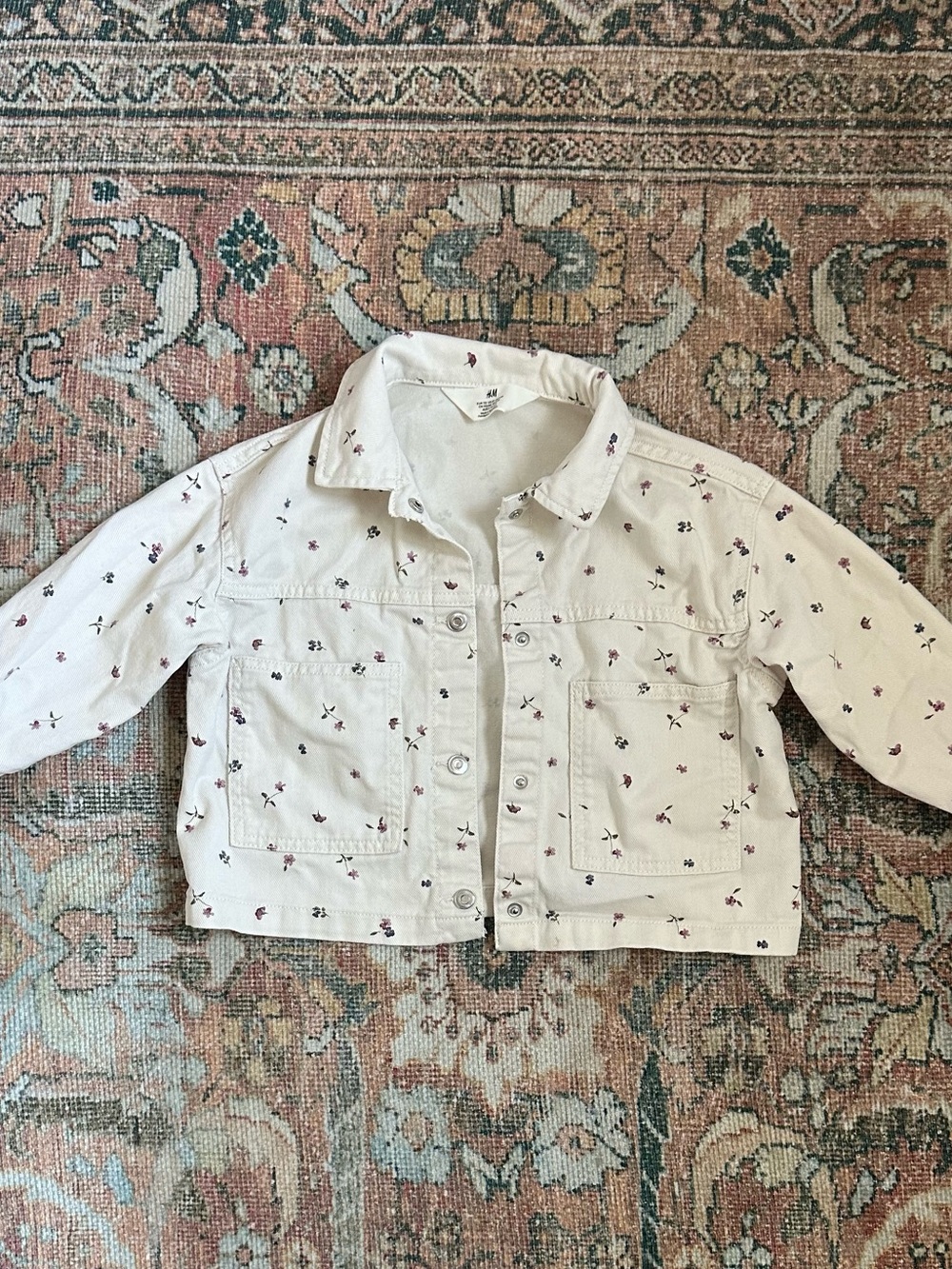H&M Cream Denim Jacket with Tiny Pink Floral Print